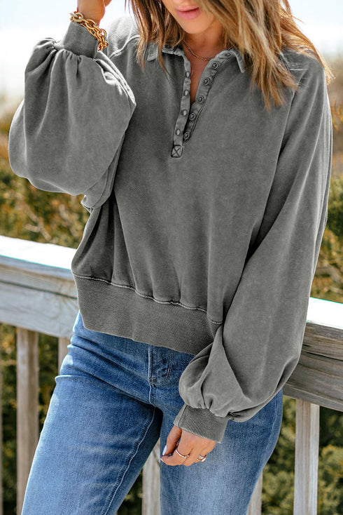 Lantern Sleeve Snap Button Placket Washed Pullover Casual Round Neck Sweatshirt